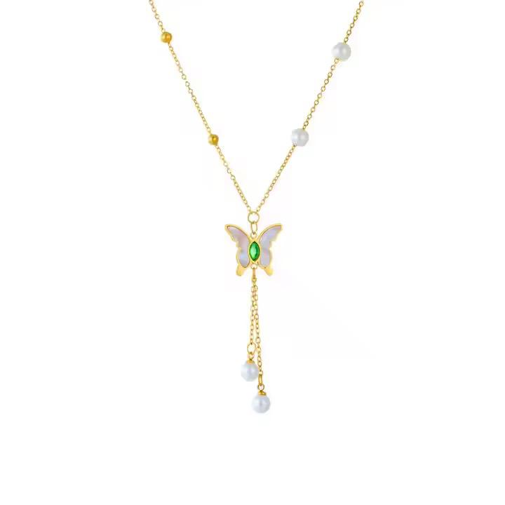 Elegant Butterfly Necklace – Gold-Plated with Pearl Accents