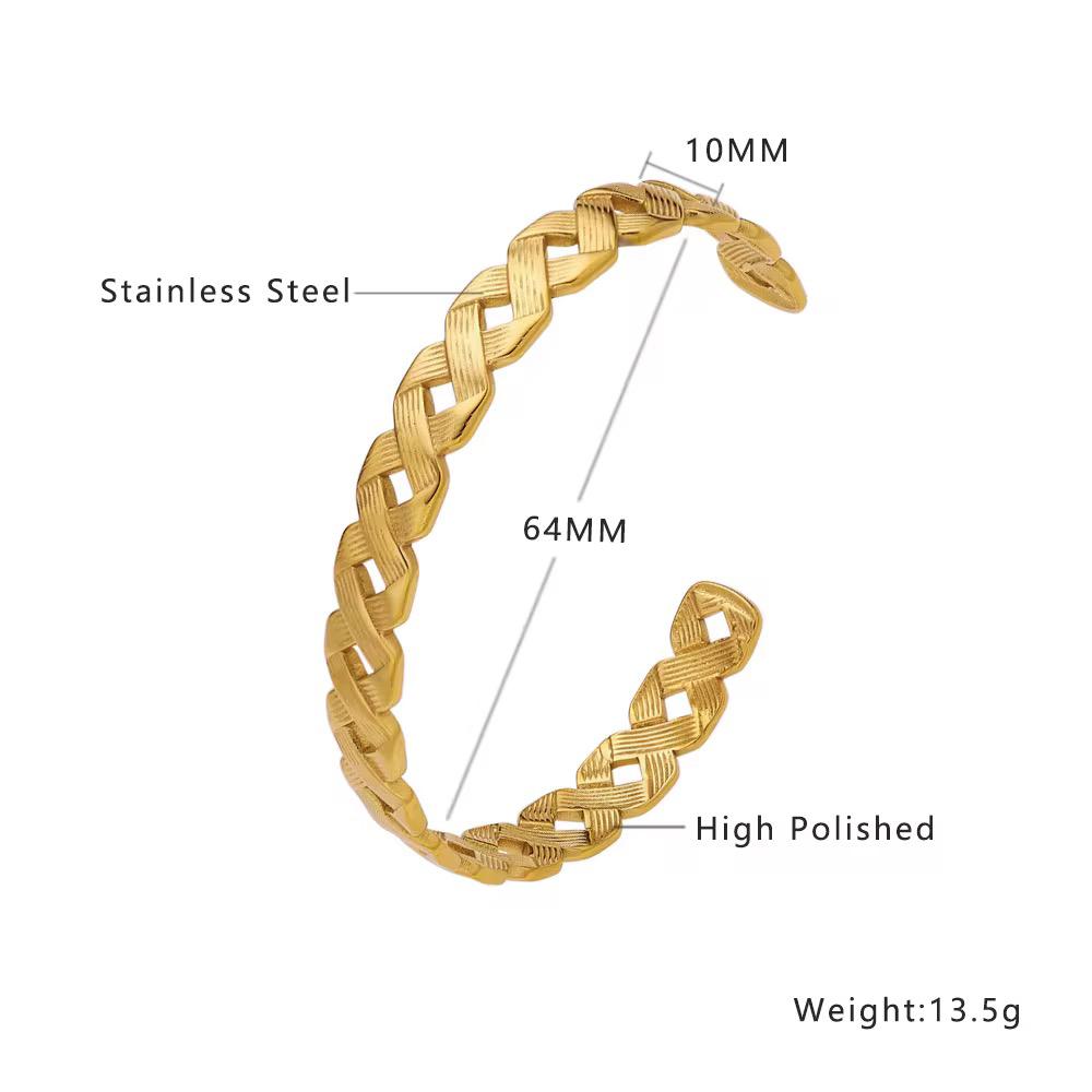 Elegant Gold-Plated Cuff Bangle with Intricate Woven Design.