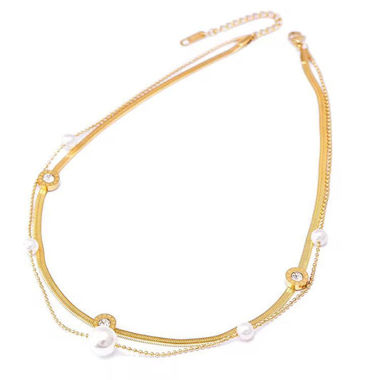 Luxurious Multi-Layered Pearl & Roman Numeral Necklace | Gold Tone