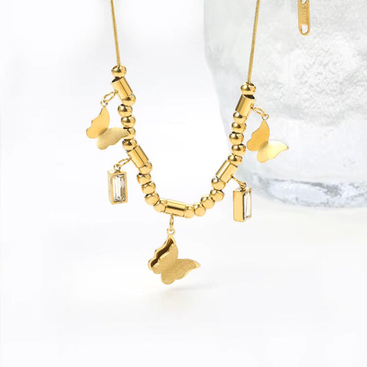 Charming Butterfly & Dangle Charms Necklace, crafted with precision in high-quality gold-plated Stainless Steel.